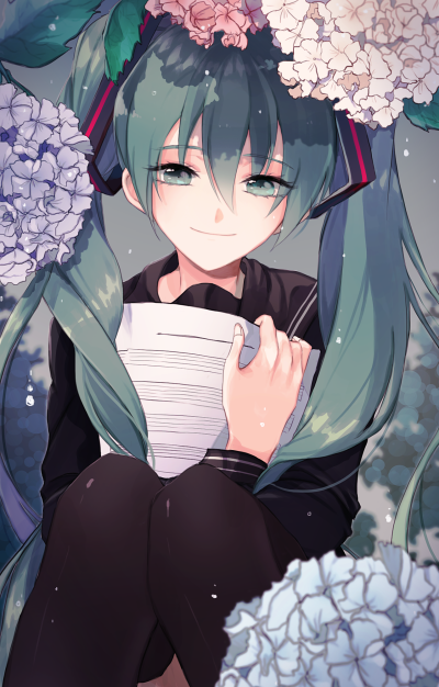 「二次元 少女」插画 原创 手绘 Pixiv 初音ミク 紫陽花[侵删]【id=41506245 畫師：トイレット】