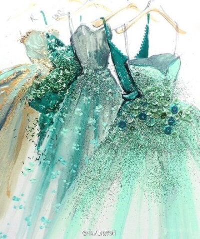 华丽的服装手绘图，好像在看一场纸上的时装秀。太美了！！