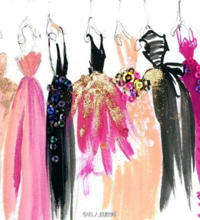 华丽的服装手绘图，好像在看一场纸上的时装秀。太美了！！