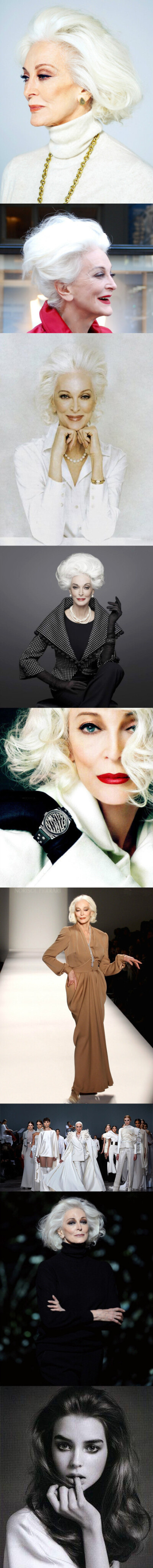 【Carmen Dell' Orefice】 她是最老的职业模特，她是意大利和匈牙利混血儿，她已经82高龄却仍然活跃在世界顶级时尚秀场。岁月带不走她的优雅，银发是她特有的时尚。她是卡门·戴尔·奥利菲斯，一个时间都拿她无可奈何…