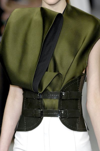 Sumptuous Folds - elegant olive green dress with layered &amp;amp; folded construction + wide green leather belt; fashion details【A.Q】