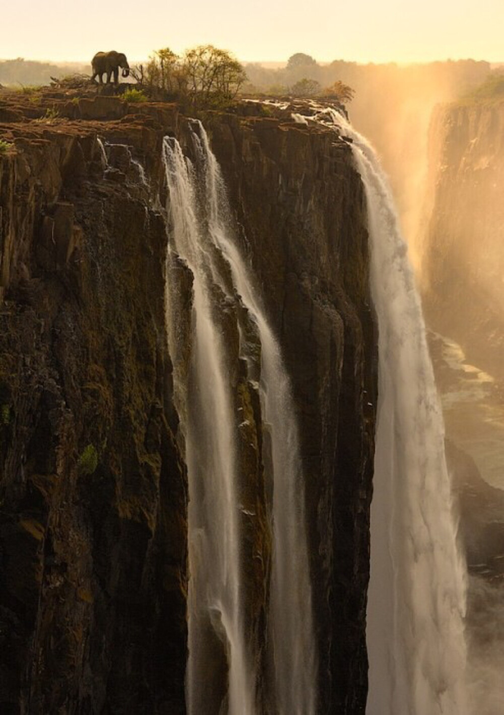 世界上最大的瀑布之一——维多利亚瀑布 [津巴布韦] 维多利亚瀑布（Victoria Falls）是世界上最大的瀑布之一，位于非洲赞比西河中游，赞比亚与津巴布韦接壤处。大瀑布所倾注的峡谷本身就是世界上罕见的天堑。在这里，高峡曲折、苍岩如剑、巨瀑翻银、疾流如奔，构成一副格外奇丽的自然景色。维多利亚瀑布以它的形状、规模及声音而举世闻名，堪称人间奇观。瀑布奔入玄武岩海峡，水雾形成的彩虹远隔二百公里以外就能看到，每逢新月升起，水雾中映出光彩夺目的月虹，景色十分迷人。