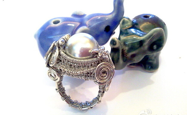 开心线艺（绕线）编织大珍珠戒指