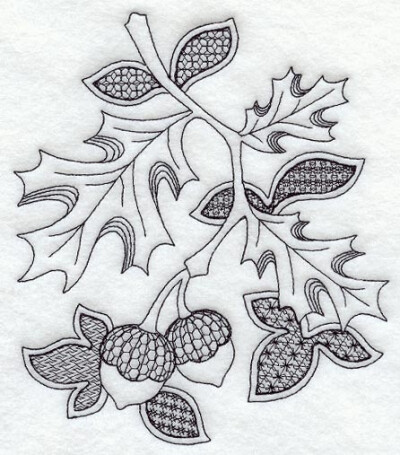  This design features autumn leaves and acorns in a one-color blackwork style.