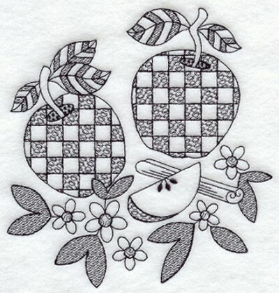  This design features a pair of apples in a one-color blackwork style.