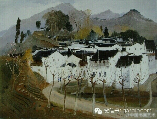 ！ 这幅《乡村》是是一幅极具吴冠中个人特色的墨彩画。乡村的题材，景物的轻描，和谐的氛围，厚重的墨汁点化出层层的户落。作者似乎在以鸟瞰和俯视的姿态，告诉我们什么是生活，什么是乡村生活，风筝线不断，乡情更不会断。