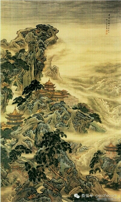 清 袁耀 蓬莱仙境图 袁氏父子画蓬莱仙境作品很多，以本幅袁耀所作最为壮观。图中山形脉络皆有动势，突兀怪异；以鬼面皴法画出的山石奇形怪状，层次丰富?；鲅险墓钣胄畚岸挥卸械纳剿擅畹厝诤?，浑然一体…