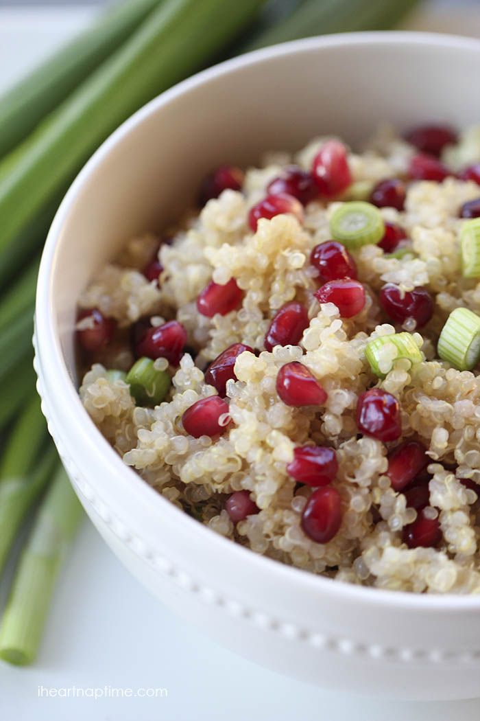 Pomegranate salad with quinoa Vegan • Gluten free I Heart Nap Time Produce 1/4 cup Green onion 2 cups Pomegranate seeds Pasta &amp;amp; Grains 1 cup Quinoa Baking &amp;amp; Spices 1 dash Salt Oils &amp;amp; Vinegars 1 tbsp Olive oil 2 1/2 tbsp Rice vinegar Liquids 2 cup Water