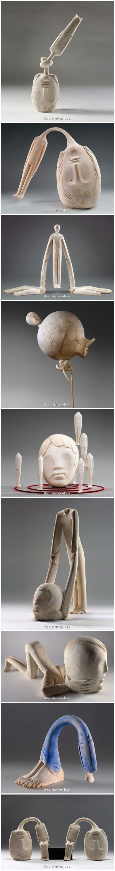 木雕。Ivan Lardschneider，意大雕塑家，出生于1976年，他的作品充满幽默感，总是想给观众惊喜，雕塑使用的材料大多使用白色或浅褐色椴木。