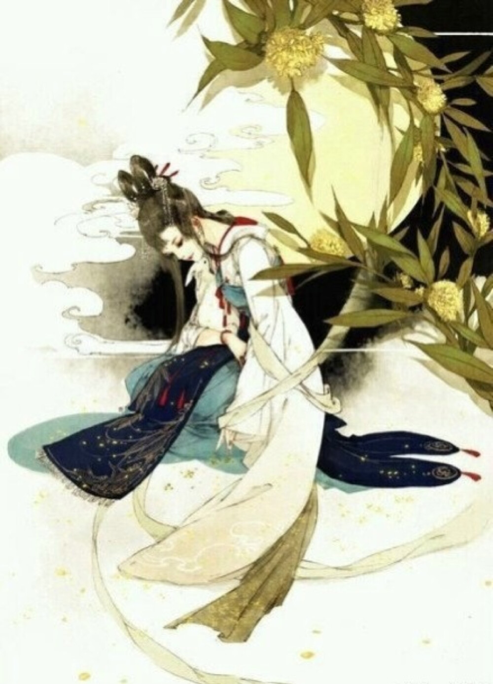 她日复一日的在清冷的月上。身边只有一只兔子陪伴。她总是忍不住的想，若自己没有偷吃仙丹该多好。那样，自己和他还是幸福的在一起。可她终是回不去了，从她偷吃仙丹的时候。一切就回不去了。