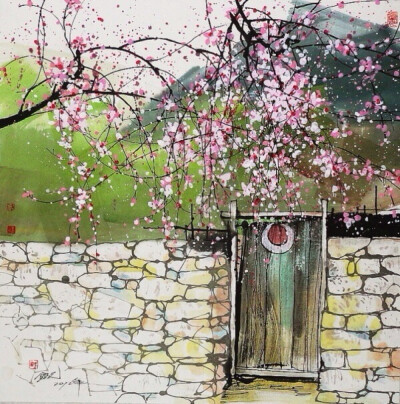 【海棠春】莺飞四月长天阔，流云淡卷阴晴澈。雁字远归来，遥把青山越。暖风吹酿花如雪，海棠醉，娇慵笑靥。正倚好春光，莫闭荆扉绝。 词by苏苏，图by画家汪钰元