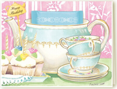 Kimberly shaw，teacup greeting card，祝福卡，手绘，美不胜收的茶杯