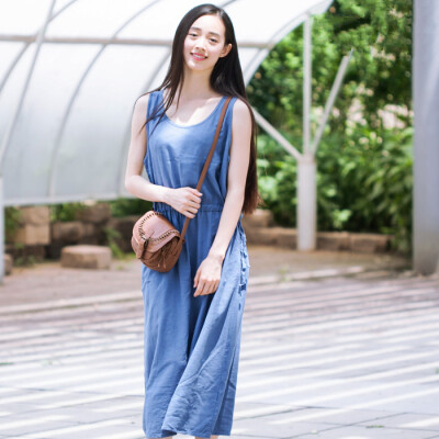 框框黛夏季通勤无袖连衣裙 抽绳宽松棉麻文艺背心裙森女