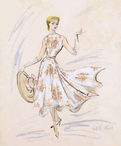 Costume sketch by Edith Head for Grace Kelly in ‘Rear Window’, 1954.