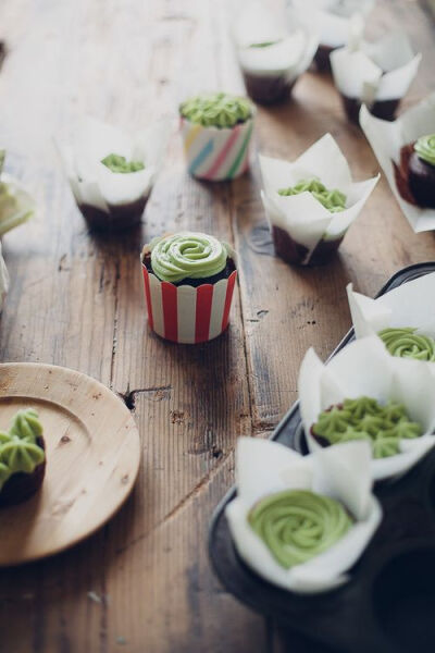 Chocolate cupcakes with matcha green tea frosting