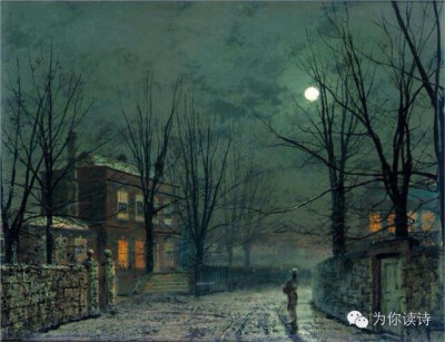 图为英国唯美主义画家约翰·阿特金森·格里姆肖(John Atkinson Grimshaw) 的作品《月光下的街头老宅一角》。