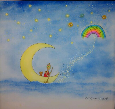 月亮 船 夜 浪漫 插画 儿童画 水彩画