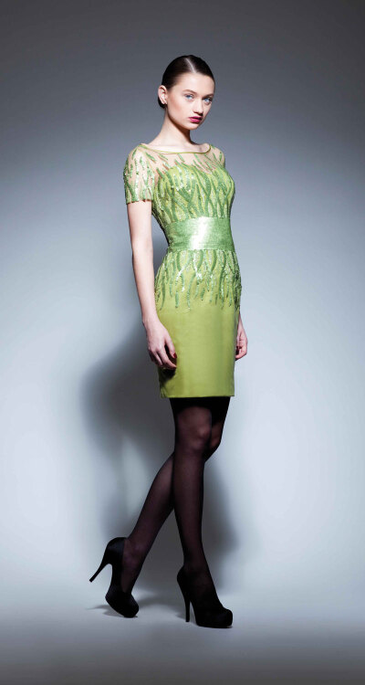 Georges Chakra RTW FW2013，Olive green short sleeves beaded cocktail dress with beaded built in waist