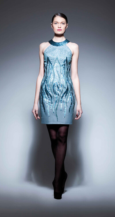 Georges Chakra RTW FW2013，Steel blue halter beaded cocktail dress