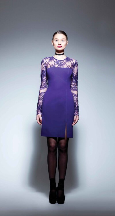 Georges Chakra RTW FW2013，Deep purple wool crepe cocktail dress with Chantilly lace sleeves and back