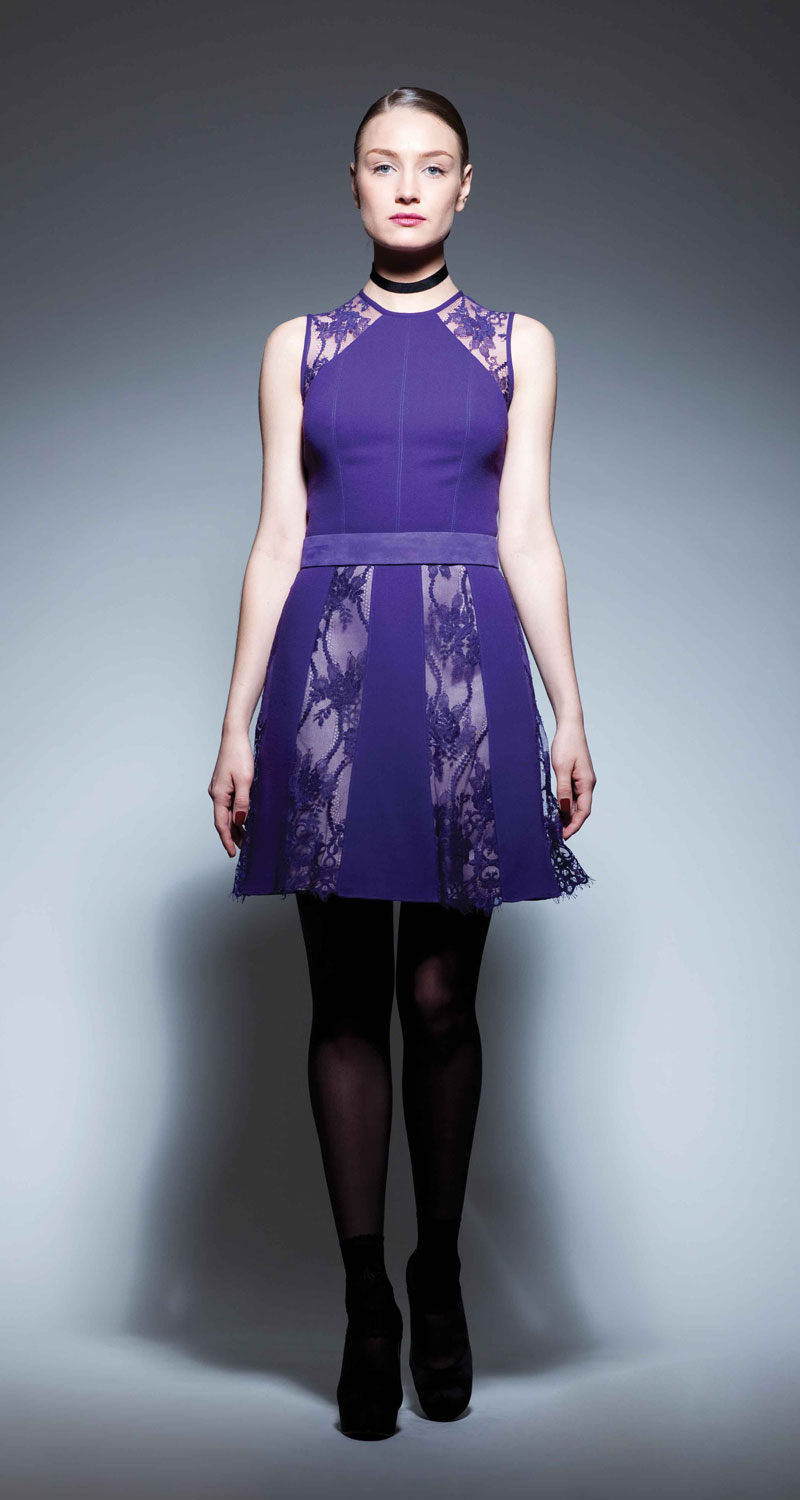 Georges Chakra RTW FW2013，Deep purple wool crepe A-line cocktail dress with lace insert