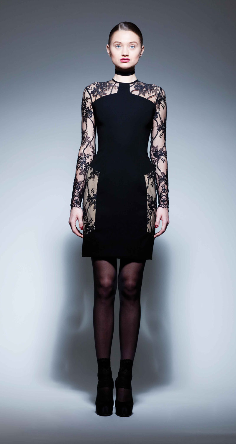 Georges Chakra RTW FW2013，Black silk crepe cocktail dress with Chantilly lace sleeves and back