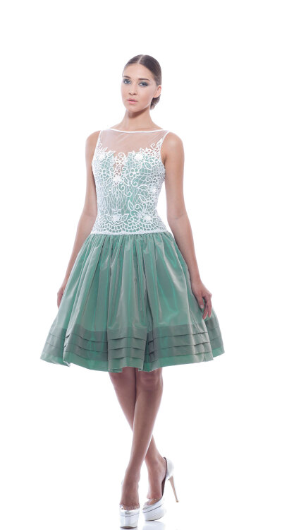 Georges Chakra RTW SS2014，Green taffeta cocktail dress with beaded tulle bust