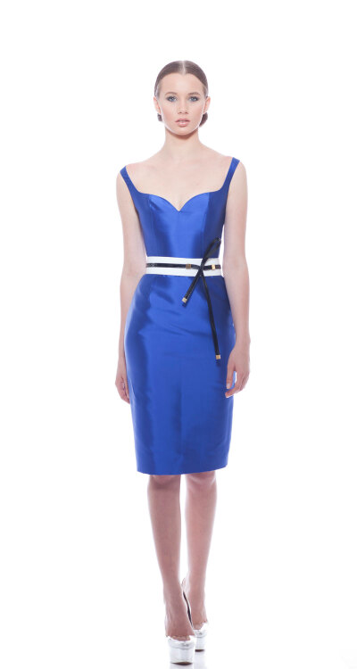 Georges Chakra RTW SS2014，Ziberline silk sweet heart neck tank cocktail dress with leather belt