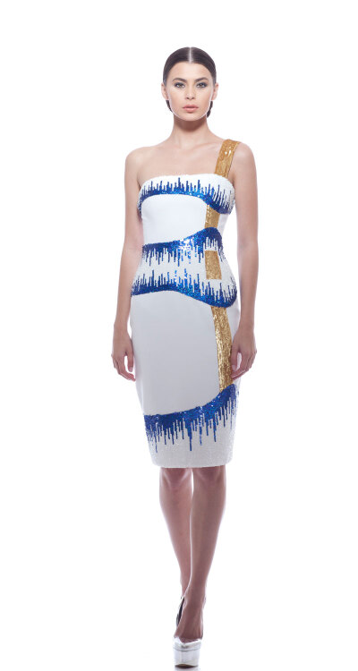 Georges Chakra RTW SS2014，White crepe one shoulder beaded cocktail dress