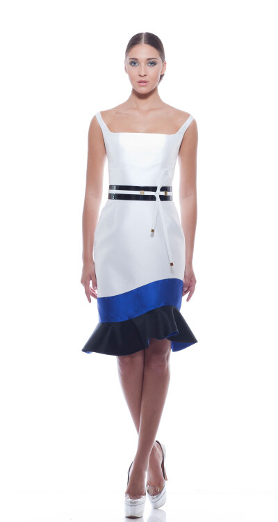 Georges Chakra RTW SS2014，White tank style ziberline silk cocktail dress with asymmetrical ruffle treatment at the hem and leather belt