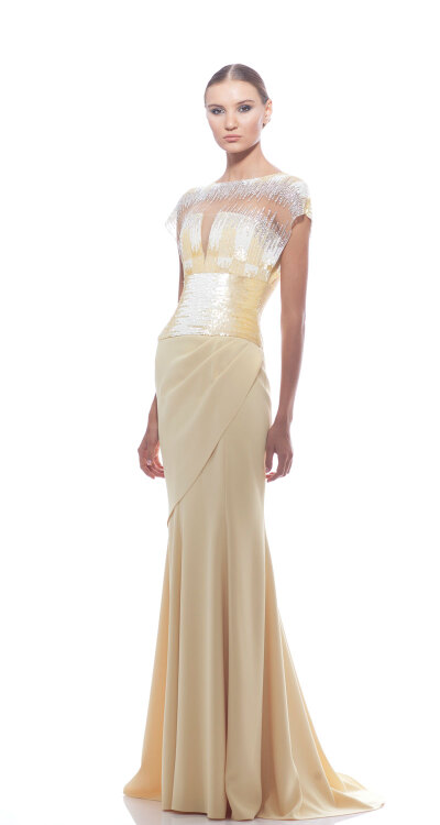 Georges Chakra RTW SS2014，Yellow cap sleeve beaded tulle crepe gown with side drape