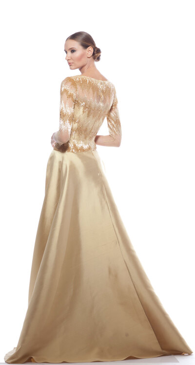 Georges Chakra RTW SS2014，Gold long sleeve square neck silk column gown with silk full overskirt