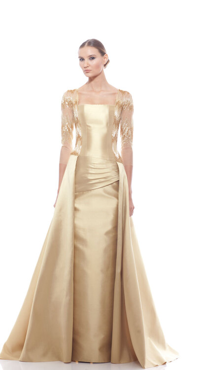 Georges Chakra RTW SS2014，Gold long sleeve square neck silk column gown with silk full overskirt