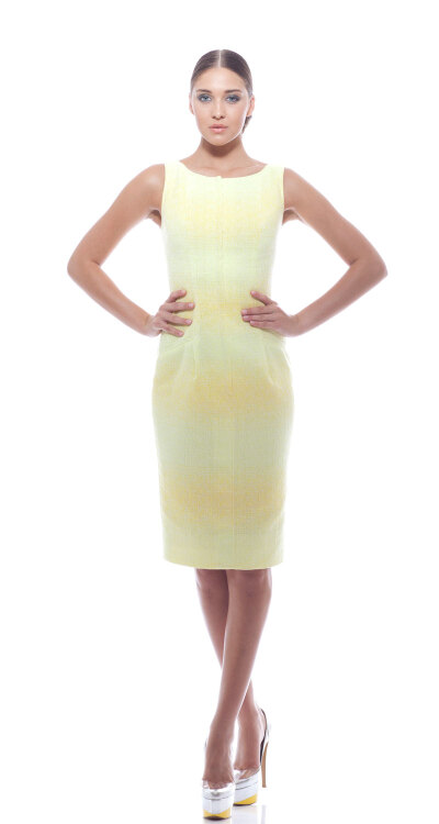 Georges Chakra RTW SS2014，Yellow boucle zip front cocktail dress with beaded back detail