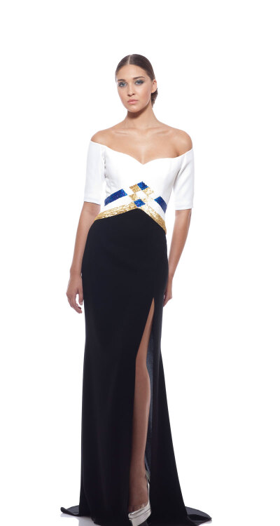 Georges Chakra RTW SS2014，Black &amp;amp; white off shoulder, short sleeve gown with beaded waist band