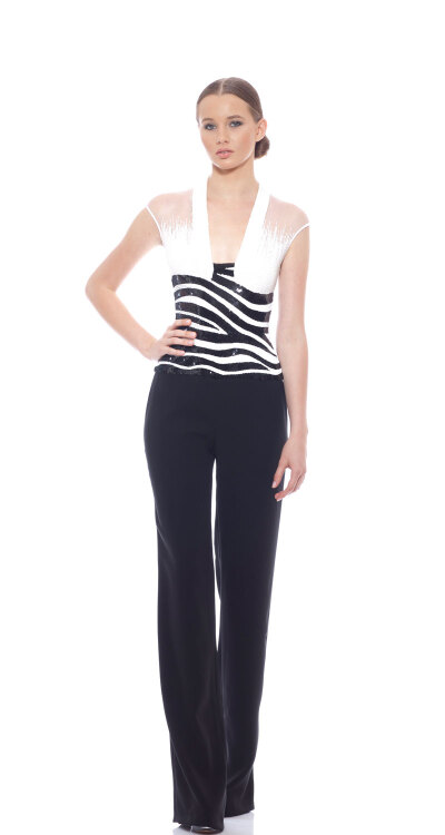 Georges Chakra RTW SS2014，White &amp;amp; black beaded tulle cap sleeve jumpsuit with black crepe bottom.