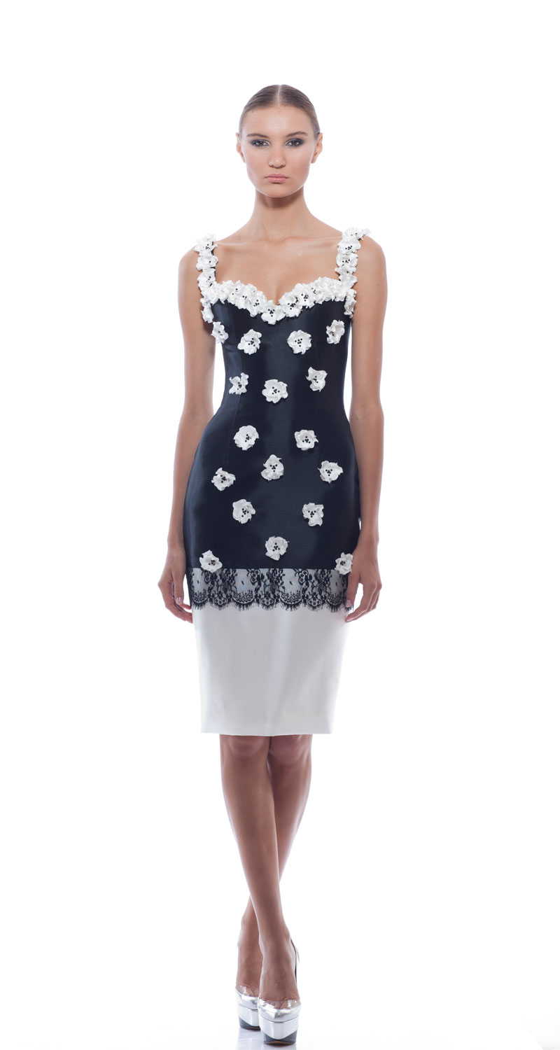 Georges Chakra RTW SS2014，Black Sweet heart neck tank style cocktail dress with white handmade flowers and lace trim