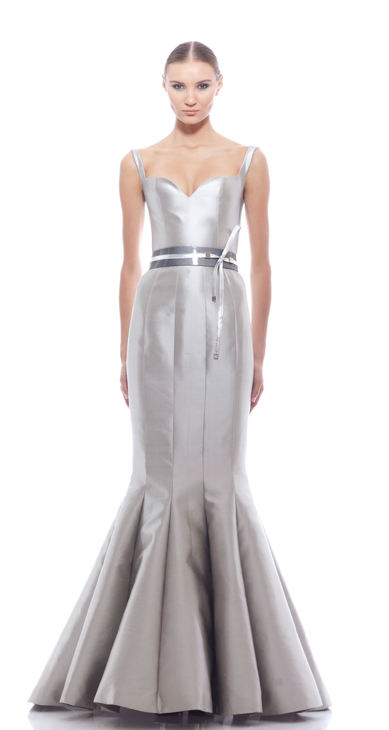 Georges Chakra RTW SS2014，Gray ziberline silk tank style mermaid gown with leather belt