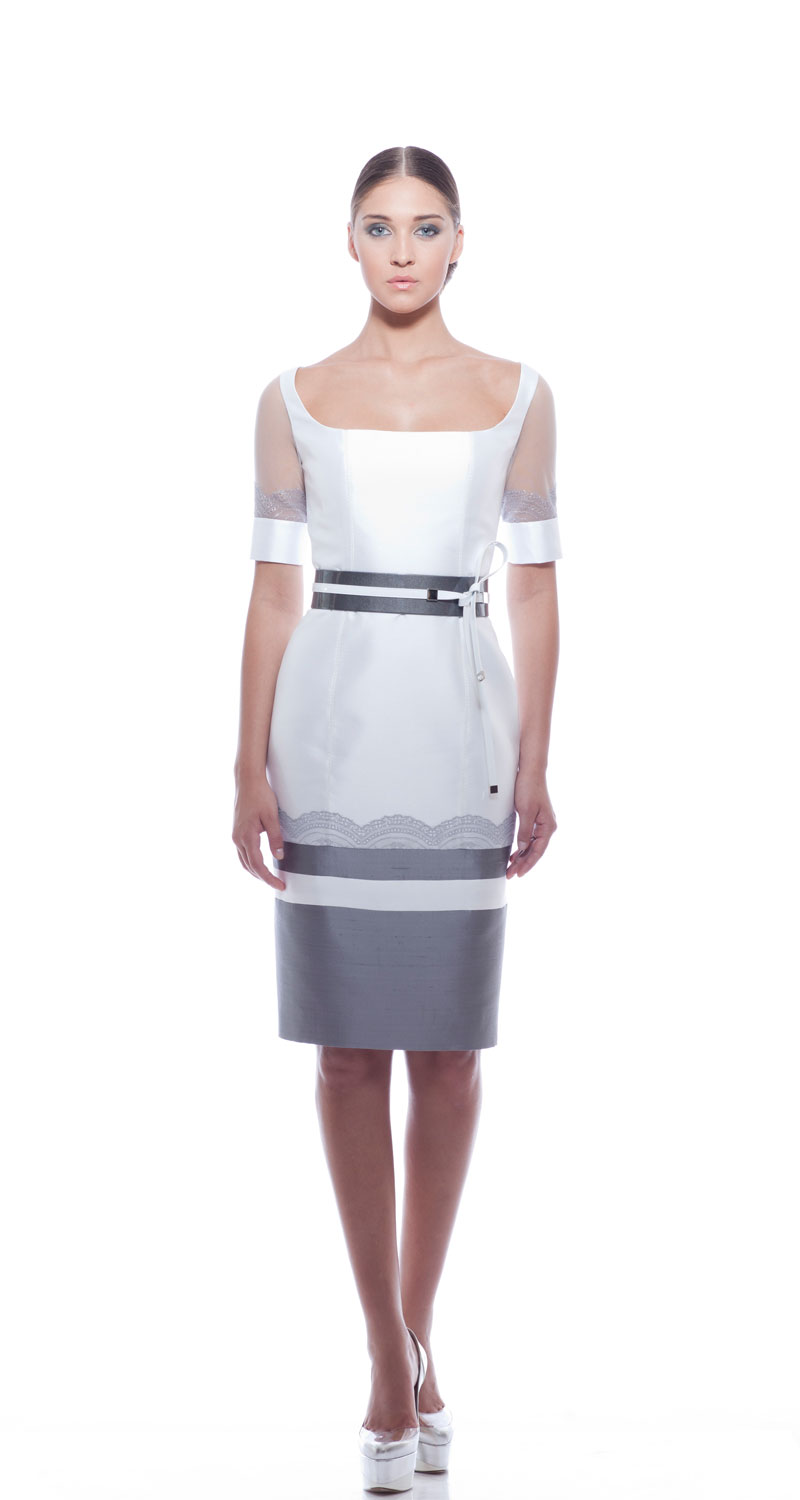 Georges Chakra RTW SS2014，White Tank style ziberline silk and lace short sleeve cocktail dress