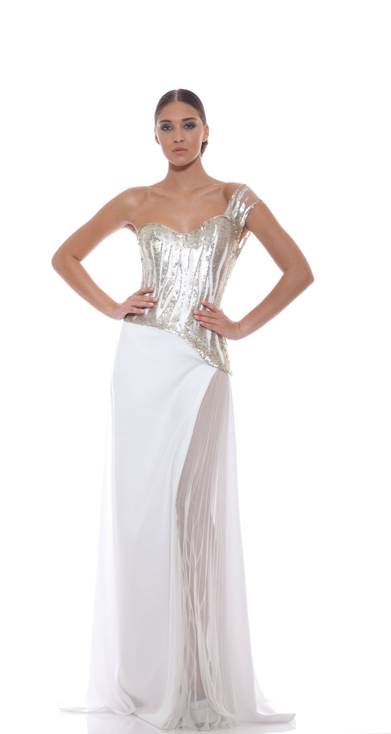 Georges Chakra RTW SS2014，White one shoulder silver beaded gown, crepe bottom with pleated chiffon side slit