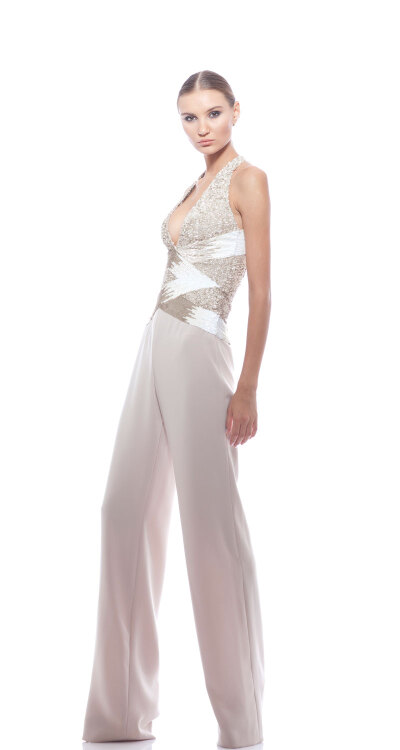 Georges Chakra RTW SS2014，Beaded halter jumpsuit with ivory crepe bottom