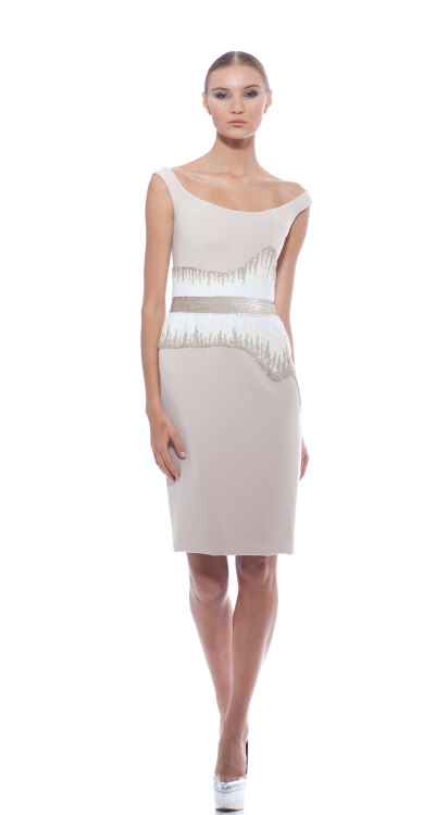 Georges Chakra RTW SS2014，Ivory crepe off shoulder cocktail dress with beaded waist