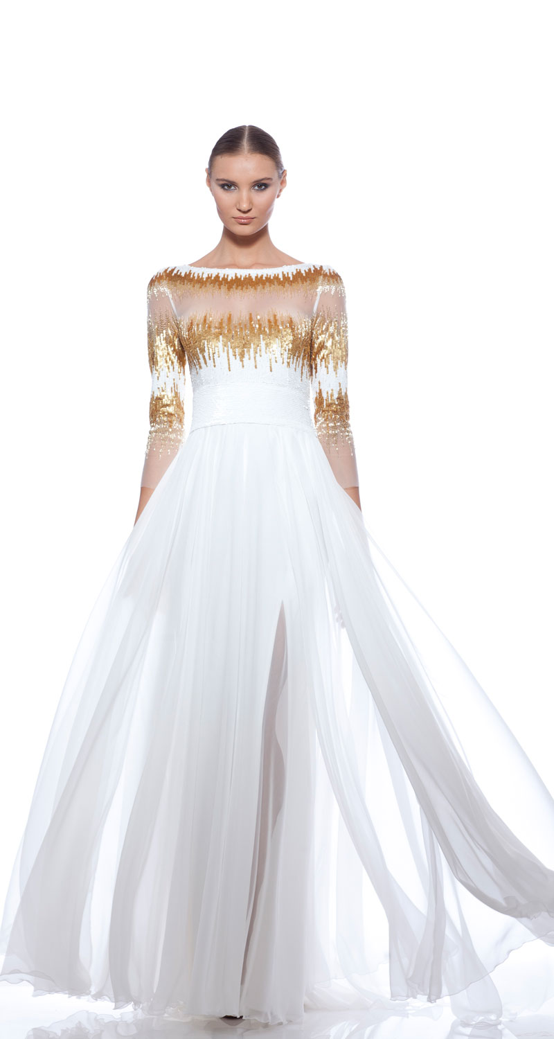 Georges Chakra RTW SS2014，White bracelet length sleeve beaded gown with chiffon over skirt