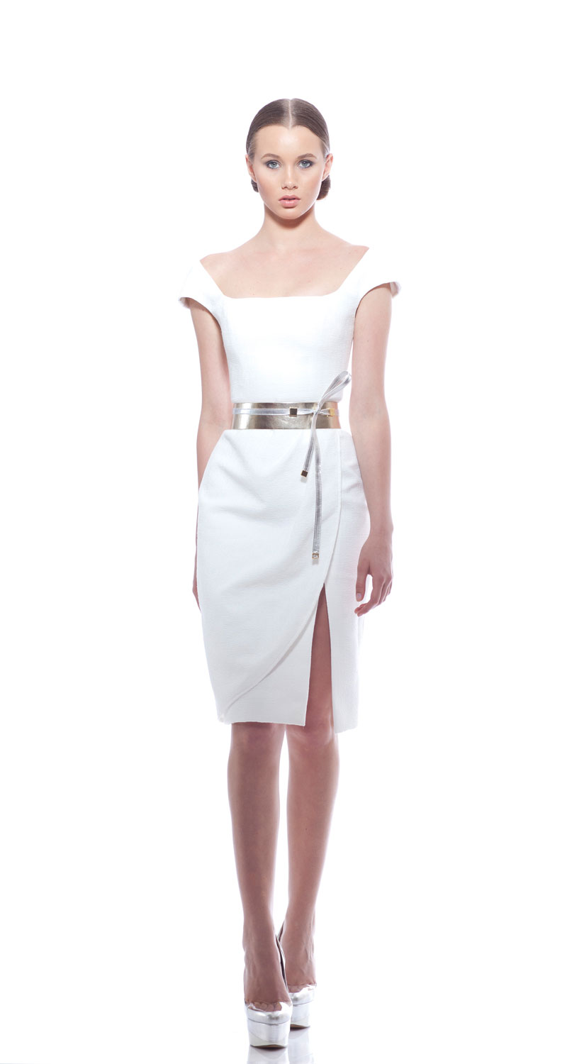 Georges Chakra RTW SS2014，White boucle cap sleeve side draped cocktail dress with leather belt