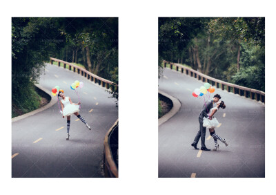 这组照片是在文曾路拍摄的。采用特别的创意，将气球绑在小礼服上，裙摆随气球微微扬起，可爱又调皮，搭配黑白长袜营造出童话般浪漫可爱的氛围。