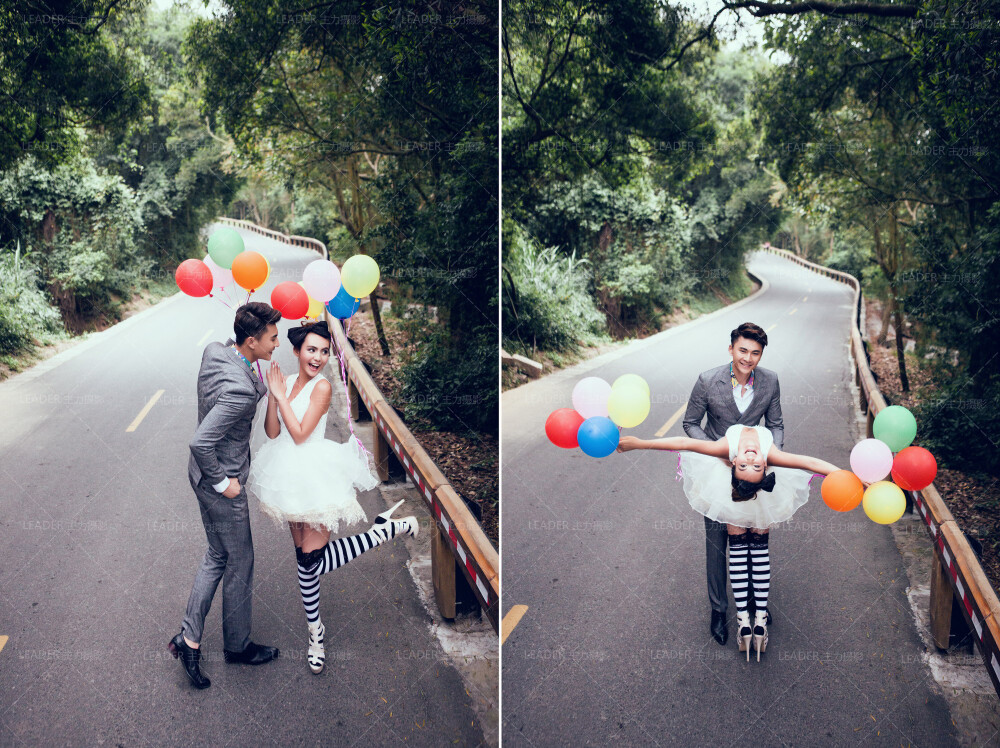这组照片是在文曾路拍摄的。采用特别的创意，将气球绑在小礼服上，裙摆随气球微微扬起，可爱又调皮，搭配黑白长袜营造出童话般浪漫可爱的氛围。