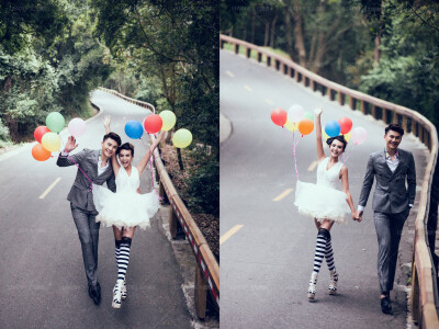 这组照片是在文曾路拍摄的。采用特别的创意，将气球绑在小礼服上，裙摆随气球微微扬起，可爱又调皮，搭配黑白长袜营造出童话般浪漫可爱的氛围。