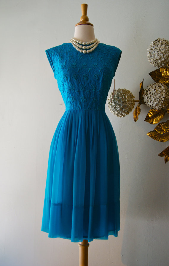 Vintage 1960s Turquoise Chiffon Party Dress by L'Aignon复古小礼裙。曦