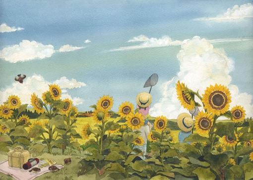 手绘风景午后的阳光下的向日葵