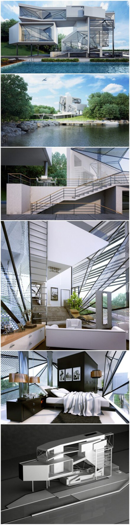 Aviator's Villa by Urban Office Architecture 。因屋主是退休飞行员,故设计师以飞行为概念,房屋如同一系列拆卸飞机元件的组合,在所有方向展露出飞机机身形象。建筑采用垂直延展和悬臂设计,朝向保证最大程度的自然光照,玻璃镶嵌在金属铆接窗上。这些特定元素仿制了云朵材质,减少了光照辐射,投射出沉静的阴影。